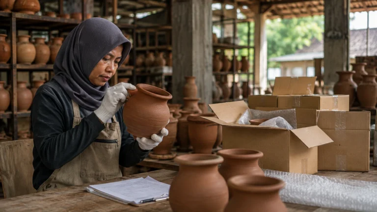 Petugas melakukan pemeriksaan kualitas dan finishing produk gerabah sebelum dikemas dan dikirim kepada pelanggan.