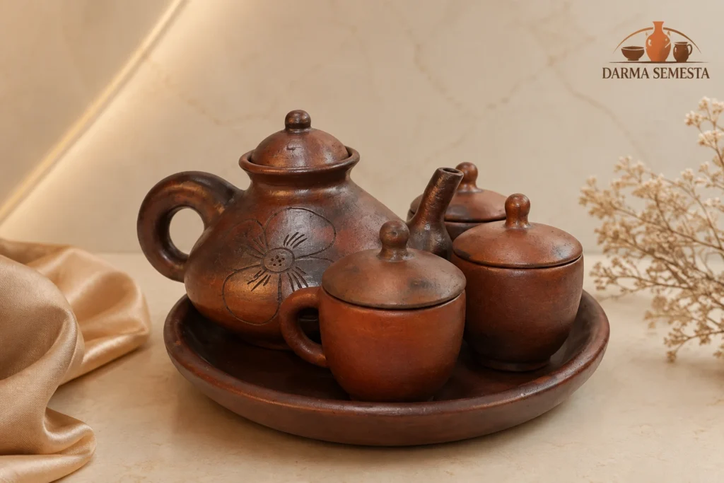 Set poci gerabah premium Darma Semesta dengan teko dan tiga cangkir